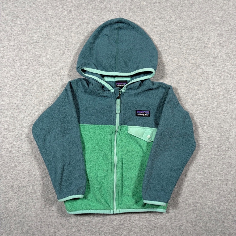 Patagonia Micro D Snap-T Fleece Hoodie Kids 2T Teal Green Colorblock Jacket